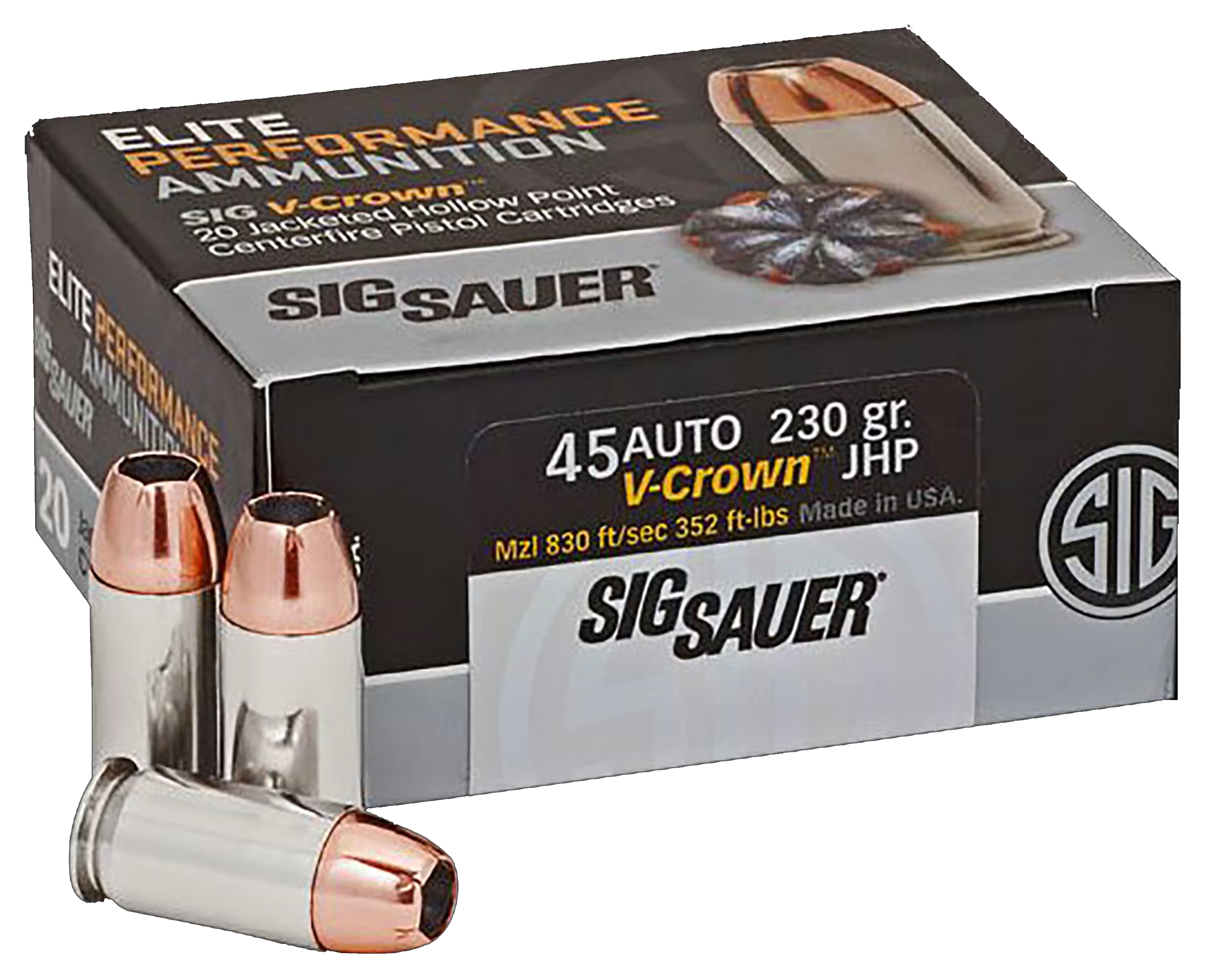 Sig Sauer Elite V-Crown 45 ACP, 200gr, JHP, 20rd Box