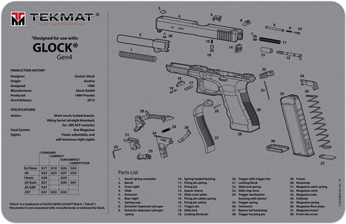 TEKMAT ARMORERS BENCH MAT - 11"x17" FOR GLOCK G4 GREY