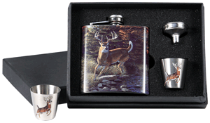 RIVERS EDGE POCKET FLASK W/2- - SHOT GLASSES WHITETAIL DEER