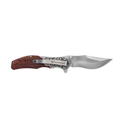 Smith & Wesson Unwavered Folding Knife 3-1/4" Clip Point Blade Engraved Wood Blister 1 Smith & Wesson Unwavered Folding Knife 3-1/4" Clip Point Blade Engraved Wood Blister