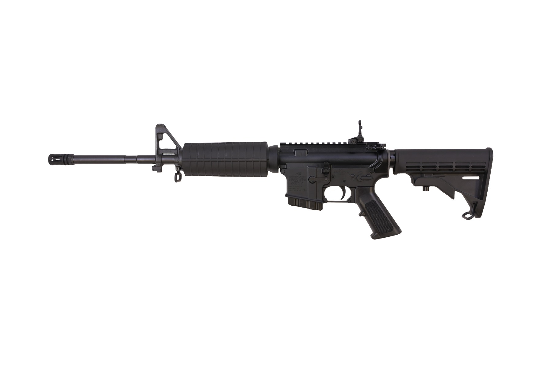 Bushmaster M4 Patrolman's Flat Top-CA AR15 Rifle - Black | 5.56NATO | 16" Barrel | M4 Handguard | A2 Flash Hider | M4 Collapsible Stock | Flip-Up Rear Sight | Fixed 10rd Mag | CA Compliant