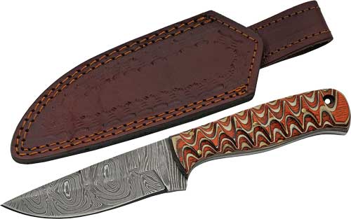 SZCO RITE EDGE 4" RED TWISTED - WOOD HUNTER DAMASCUS W/SHEATH 1 SZCO RITE EDGE 4" RED TWISTED - WOOD HUNTER DAMASCUS W/SHEATH