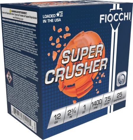 FIOCCHI SUPER CRUSHER AMO 12GA 2.75 IN 1 OZ 7.5 1400 FPS 25-RD ( 10 BOXES PER CASE ) 1 FIOCCHI SUPER CRUSHER AMO 12GA 2.75 IN 1 OZ 7.5 1400 FPS 25-RD ( 10 BOXES PER CASE )