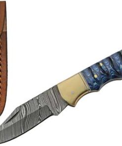 SZCO RITE EDGE 3" BLUE GROOVED - WOOD DAMASCUS LOCKBACK W/SHTH