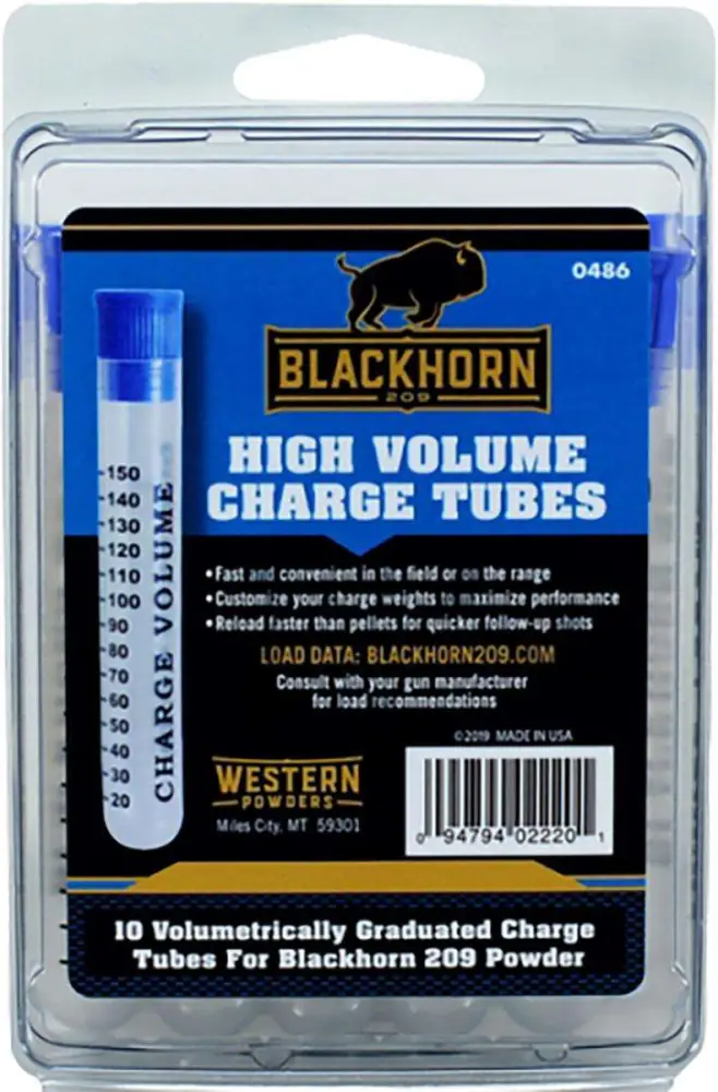 HODGDON BLACKHORN 209 MZL CHARGE TUBES 150GR 10 PER PACK NO POWDER( 12 PER CASE )