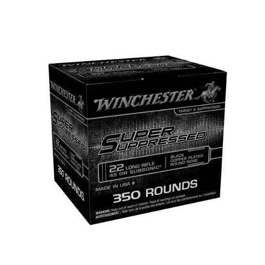 Winchester Super Suppressed Subsonic Rimfire Ammunition .22 LR 45gr CPRN 1090 fps 350/ct 1 Winchester Super Suppressed Subsonic Rimfire Ammunition .22 LR 45gr CPRN 1090 fps 350/ct