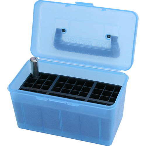 DELUXE H-50 SERIES X-LARGE RIFLE AMMO BOX - 50 ROUND - CLEAR BLUE 1 DELUXE H-50 SERIES X-LARGE RIFLE AMMO BOX - 50 ROUND - CLEAR BLUE