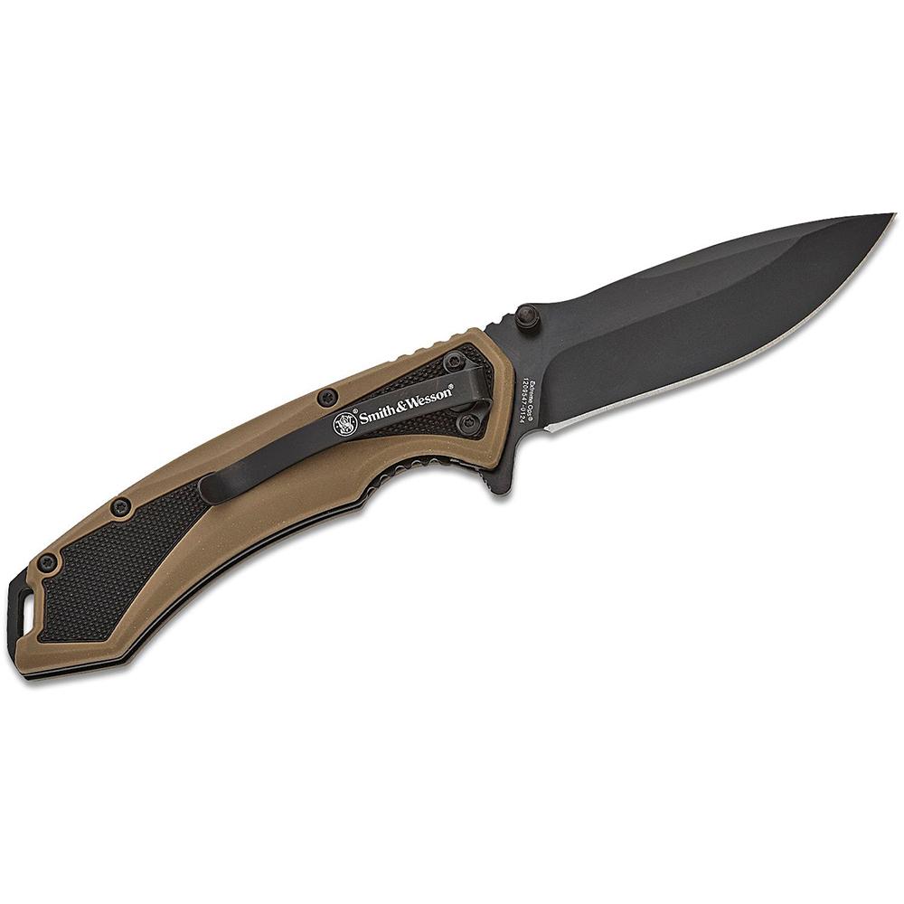 Smith & Wesson Extreme Ops Spring Assist Folding Knife 3-1/4" Drop Point Blade Black Tan Box 1 Smith & Wesson Extreme Ops Spring Assist Folding Knife 3-1/4" Drop Point Blade Black Tan Box