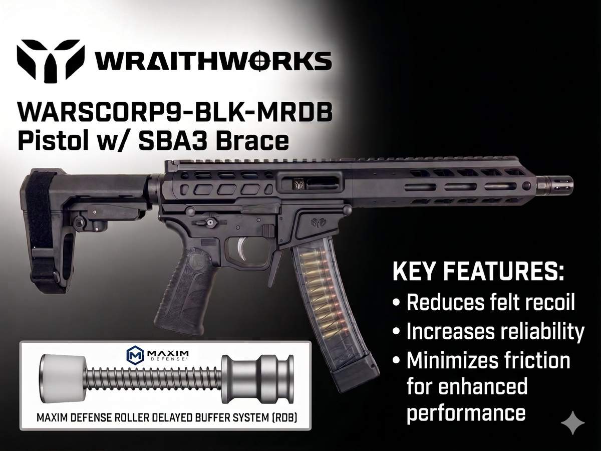 Wraithworks WARSCORP9 Roller Delayed Side-Charging AR Pistol - Black | 9mm | 8.5" Barrel | 7" M-LOK Rail | SB Tactical SBA3 Brace | Accepts Scorpion Mags - Wraithworks